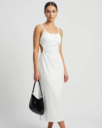 White Bodycon Boat Neck Sleeveless Midi Dress | Gala Nights, Party Nights, Bridal Showers & Everyday Wear, front view | Rambl | SKU: CMD-49283-white-L-3041,CMD-49283-white-M-4358,CMD-49283-white-S-1691,CMD-49283-white-XL-581,CMD-49283-white-XS-2643