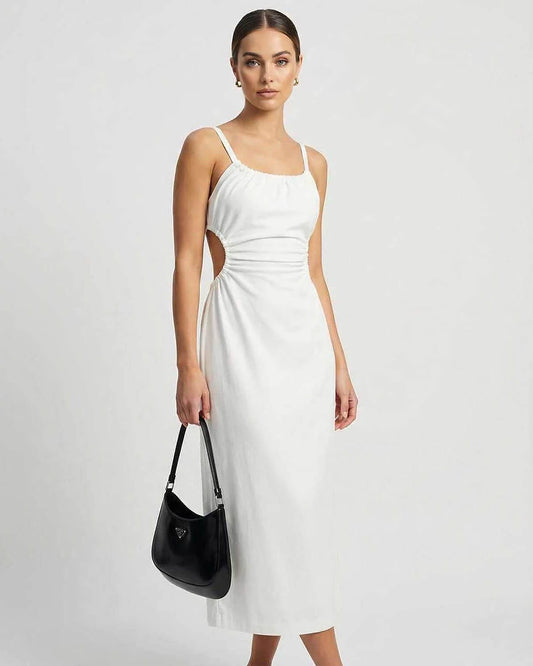 White Bodycon Boat Neck Sleeveless Midi Dress | Gala Nights, Party Nights, Bridal Showers & Everyday Wear, front view | Rambl
