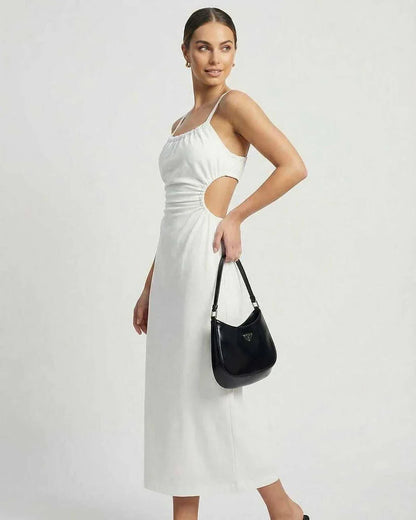 White Bodycon Boat Neck Sleeveless Midi Dress | Gala Nights, Party Nights, Bridal Showers & Everyday Wear, side view | Rambli | SKU: CMD-49283-white-L-3041,CMD-49283-white-M-4358,CMD-49283-white-S-1691,CMD-49283-white-XL-581,CMD-49283-white-XS-2643