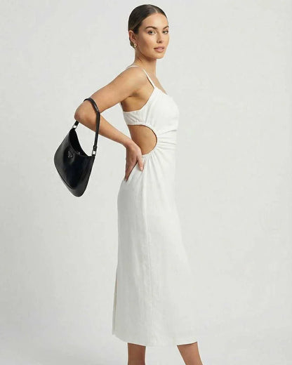 White Bodycon Boat Neck Sleeveless Midi Dress | Gala Nights, Party Nights, Bridal Showers & Everyday Wear, side view | Rambli | SKU: CMD-49283-white-L-3041,CMD-49283-white-M-4358,CMD-49283-white-S-1691,CMD-49283-white-XL-581,CMD-49283-white-XS-2643