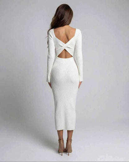 White Bodycon Round Neck Long Sleeve Midi Dress | Formal Events, Night Out & Wedding Season, back view | Ramblion | SKU: SMD-48271-white-L-3314-2771,SMD-48271-white-M-8504-6889,SMD-48271-white-S-2853-9437,SMD-48271-white-XL-7242-2342,SMD-48271-white-XS-4384-1895