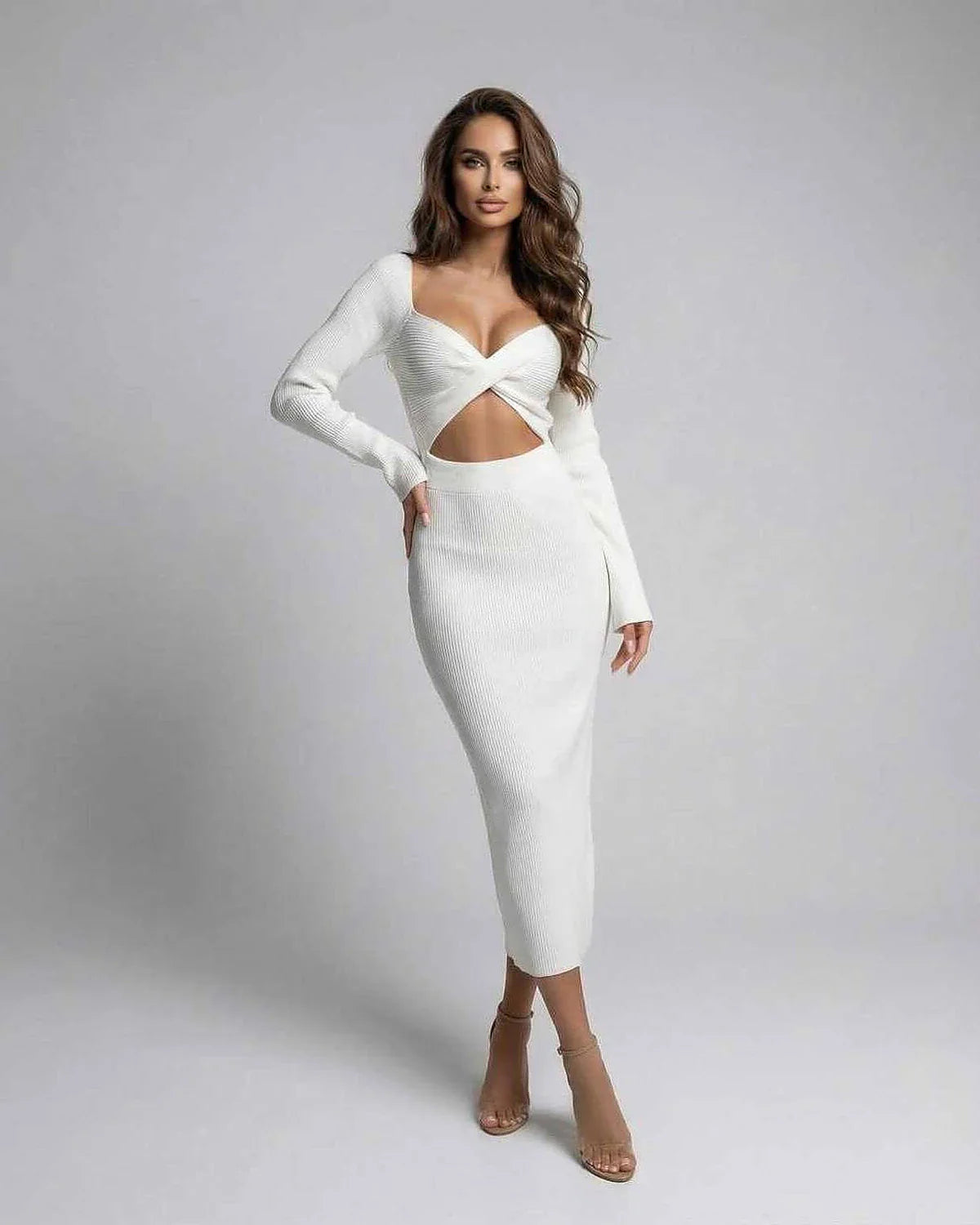 White Bodycon Round Neck Long Sleeve Midi Dress | Formal Events, Night Out & Wedding Season, front view | Ramblion | SKU: SMD-48271-white-L-3314-2771,SMD-48271-white-M-8504-6889,SMD-48271-white-S-2853-9437,SMD-48271-white-XL-7242-2342,SMD-48271-white-XS-4384-1895
