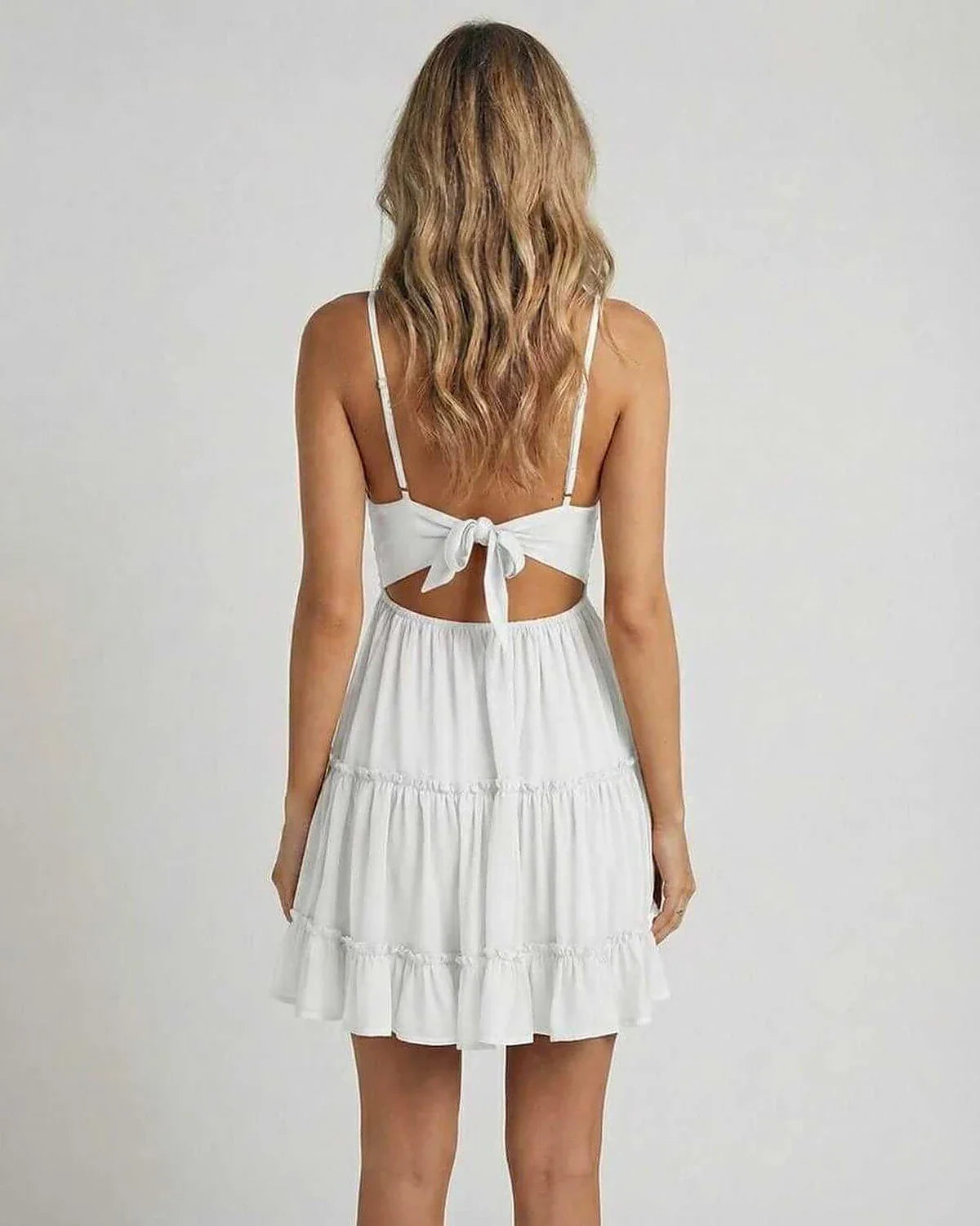 White Bodycon V-Neck Sleeveless Mini Dress | Gala Nights, Daily Wear & Casual Wear, back view | Ramblion | SKU: LMD-938475612-white-L-3862,LMD-938475612-white-M-7065,LMD-938475612-white-S-2754,LMD-938475612-white-XL-5705,LMD-938475612-white-XS-223