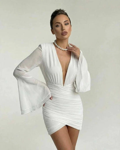 White Bodycon V-Neck Sleeveless Mini Dress | Gala Nights, Night Out, Everyday Wear & Weekend Wear, front view | Ramblion | SKU: CMD-58279-white-L-8283,CMD-58279-white-M-666,CMD-58279-white-S-3535,CMD-58279-white-XL-1363,CMD-58279-white-XS-6485