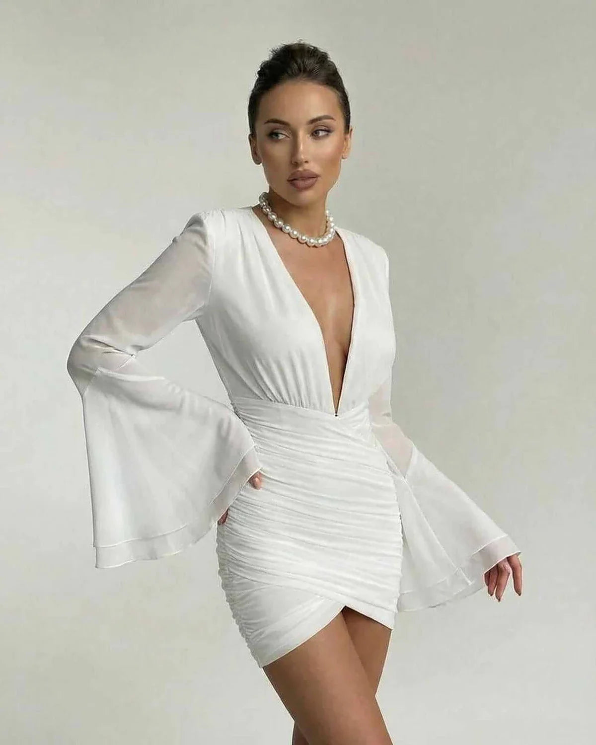 White Bodycon V-Neck Sleeveless Mini Dress | Gala Nights, Night Out, Everyday Wear & Weekend Wear, front view | Ramblion | SKU: CMD-58279-white-L-8283,CMD-58279-white-M-666,CMD-58279-white-S-3535,CMD-58279-white-XL-1363,CMD-58279-white-XS-6485
