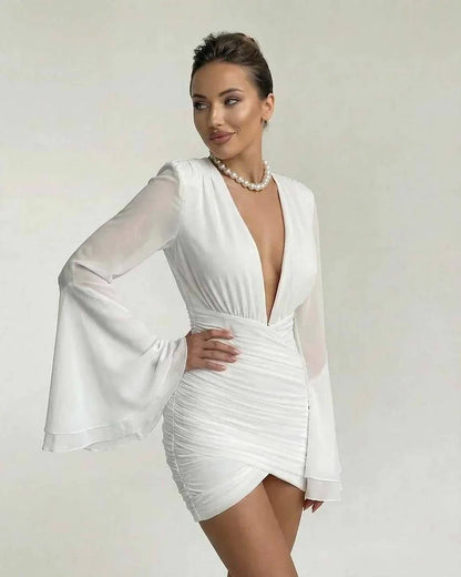White Bodycon V-Neck Sleeveless Mini Dress | Gala Nights, Night Out, Everyday Wear & Weekend Wear, front view | Ramblion | SKU: CMD-58279-white-L-8283,CMD-58279-white-M-666,CMD-58279-white-S-3535,CMD-58279-white-XL-1363,CMD-58279-white-XS-6485