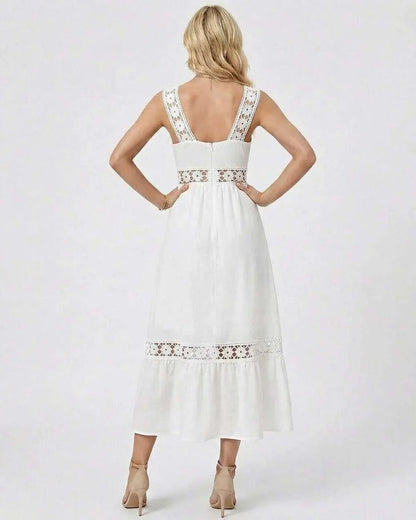 White Cotton A-line Square Neck Sleeveless Midi Dress | Black-Tie Events, Cocktail Parties, Wedding Season & Day-to-Night, ba | SKU: SMD-583920471-white-L-1444,SMD-583920471-white-M-6947,SMD-583920471-white-S-8646,SMD-583920471-white-XL-6554,SMD-583920471-white-XS-8457