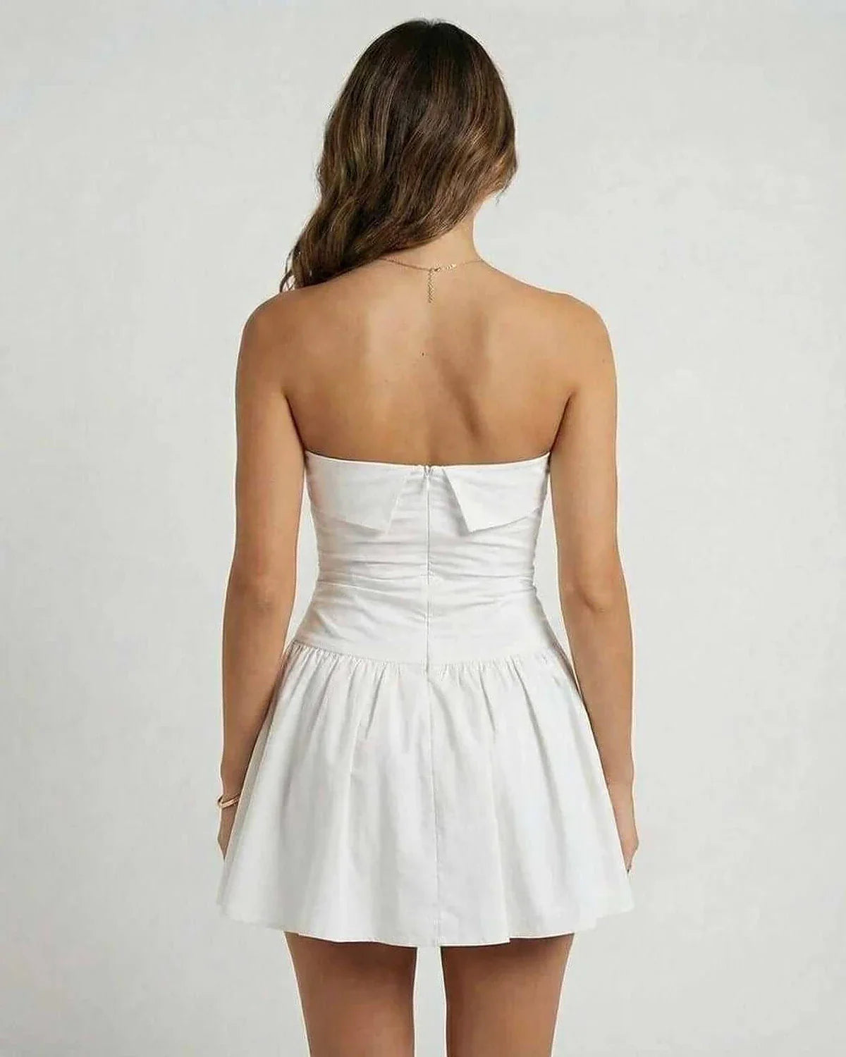 White Cotton A-line Strapless Mini Dress | Wedding Guest, back view | Ramblion | SKU: LMD-374859201-white-L-743,LMD-374859201-white-M-143,LMD-374859201-white-S-7119,LMD-374859201-white-XL-7235,LMD-374859201-white-XS-5422