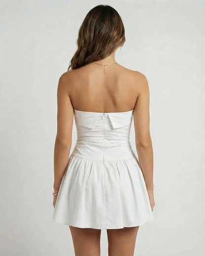 White Cotton A-line Strapless Mini Dress | Wedding Guest, back view | Ramblion | SKU: LMD-374859201-white-L-743,LMD-374859201-white-M-143,LMD-374859201-white-S-7119,LMD-374859201-white-XL-7235,LMD-374859201-white-XS-5422
