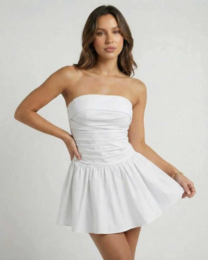 White Cotton A-line Strapless Mini Dress | Wedding Guest, front view | Ramblion | SKU: LMD-374859201-white-L-743,LMD-374859201-white-M-143,LMD-374859201-white-S-7119,LMD-374859201-white-XL-7235,LMD-374859201-white-XS-5422