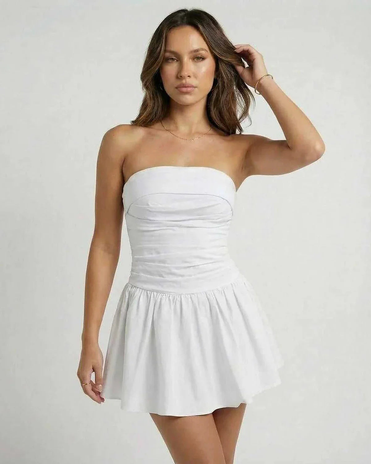White Cotton A-line Strapless Mini Dress | Wedding Guest, front view | Ramblion | SKU: LMD-374859201-white-L-743,LMD-374859201-white-M-143,LMD-374859201-white-S-7119,LMD-374859201-white-XL-7235,LMD-374859201-white-XS-5422