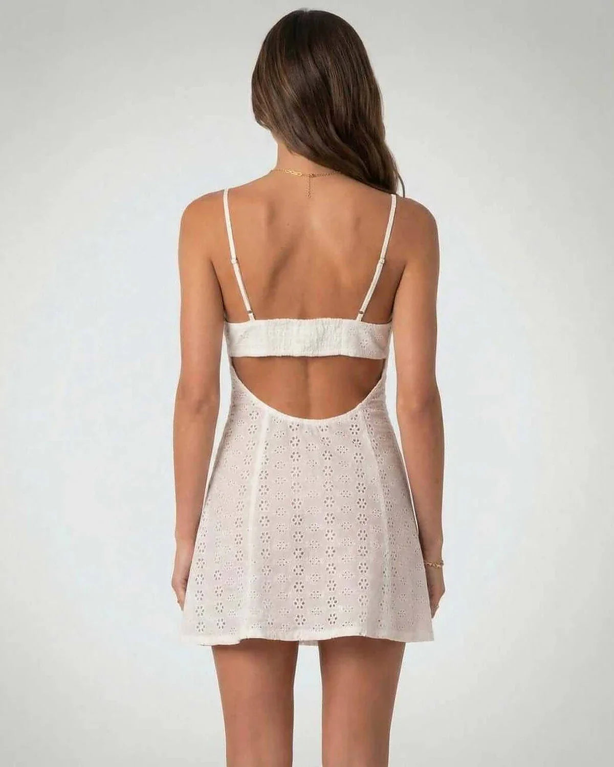 White Cotton A-line V-Neck Sleeveless Mini Dress | Guest of Wedding, back view | Ramblion | SKU: LMD-57204-white-L-8921,LMD-57204-white-M-3590,LMD-57204-white-S-1982,LMD-57204-white-XL-4573,LMD-57204-white-XS-552