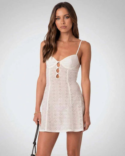 White Cotton A-line V-Neck Sleeveless Mini Dress | Guest of Wedding, front view | Ramblion | SKU: LMD-57204-white-L-8921,LMD-57204-white-M-3590,LMD-57204-white-S-1982,LMD-57204-white-XL-4573,LMD-57204-white-XS-552
