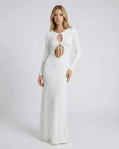White Cotton Bodycon Round Neck Long Sleeve Maxi Dress | Evening Events, Everyday Wear & Brunch, front view | Ramblion | SKU: SMD-712849635-white-L-4180,SMD-712849635-white-M-4683,SMD-712849635-white-S-9404,SMD-712849635-white-XL-7162,SMD-712849635-white-XS-1572