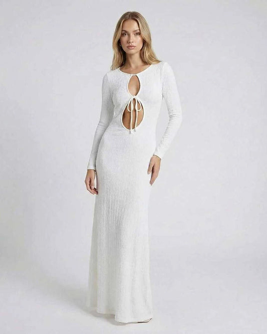 White Cotton Bodycon Round Neck Long Sleeve Maxi Dress | Evening Events, Everyday Wear & Brunch, front view | Ramblion
