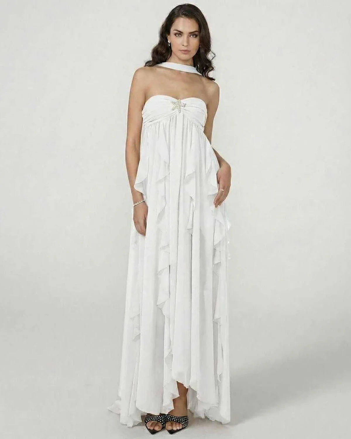 White Cotton Wrap Strapless Maxi Dress | Prom, Cocktail Parties & Daily Wear, front view | Ramblion | SKU: CLX-829374651-white-L-442,CLX-829374651-white-M-9364,CLX-829374651-white-S-3426,CLX-829374651-white-XL-4251,CLX-829374651-white-XS-3586