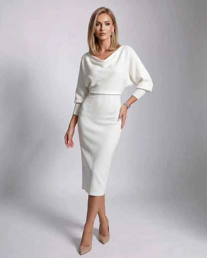 White,gray,navy,green,black,yellow,light Blue,beige Knit Bodycon Cowl Neck Long Sleeve Midi Dress | Formal Events & Cocktail 