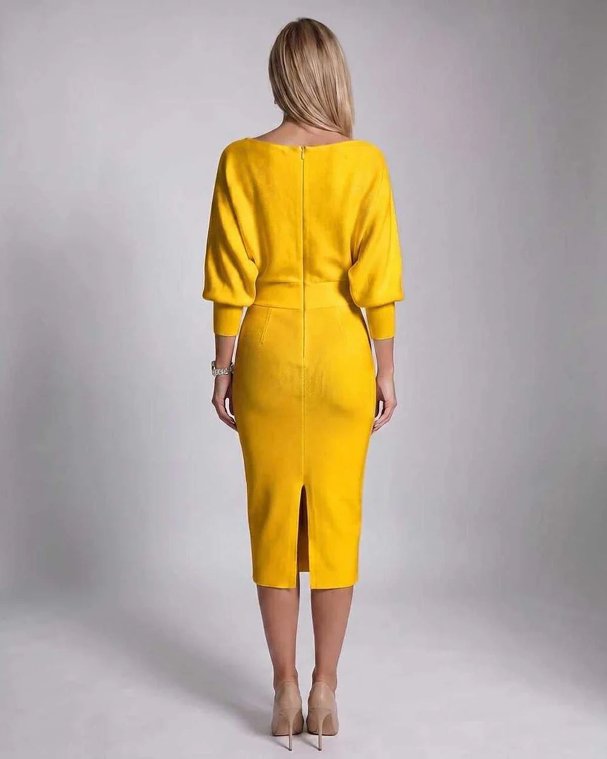 White,gray,navy,green,black,yellow,light Blue,beige Knit Bodycon Cowl Neck Long Sleeve Midi Dress | Formal Events & Cocktail | SKU: RB-827638-YELLOW-L,RB-827638-YELLOW-M,RB-827638-YELLOW-S,RB-827638-YELLOW-XL,RB-827638-YELLOW-XS
