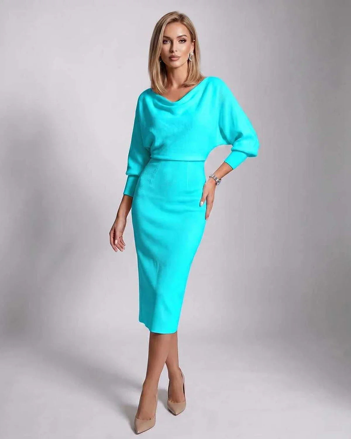 White,gray,navy,green,black,yellow,light Blue,beige Knit Bodycon Cowl Neck Long Sleeve Midi Dress | Formal Events & Cocktail 