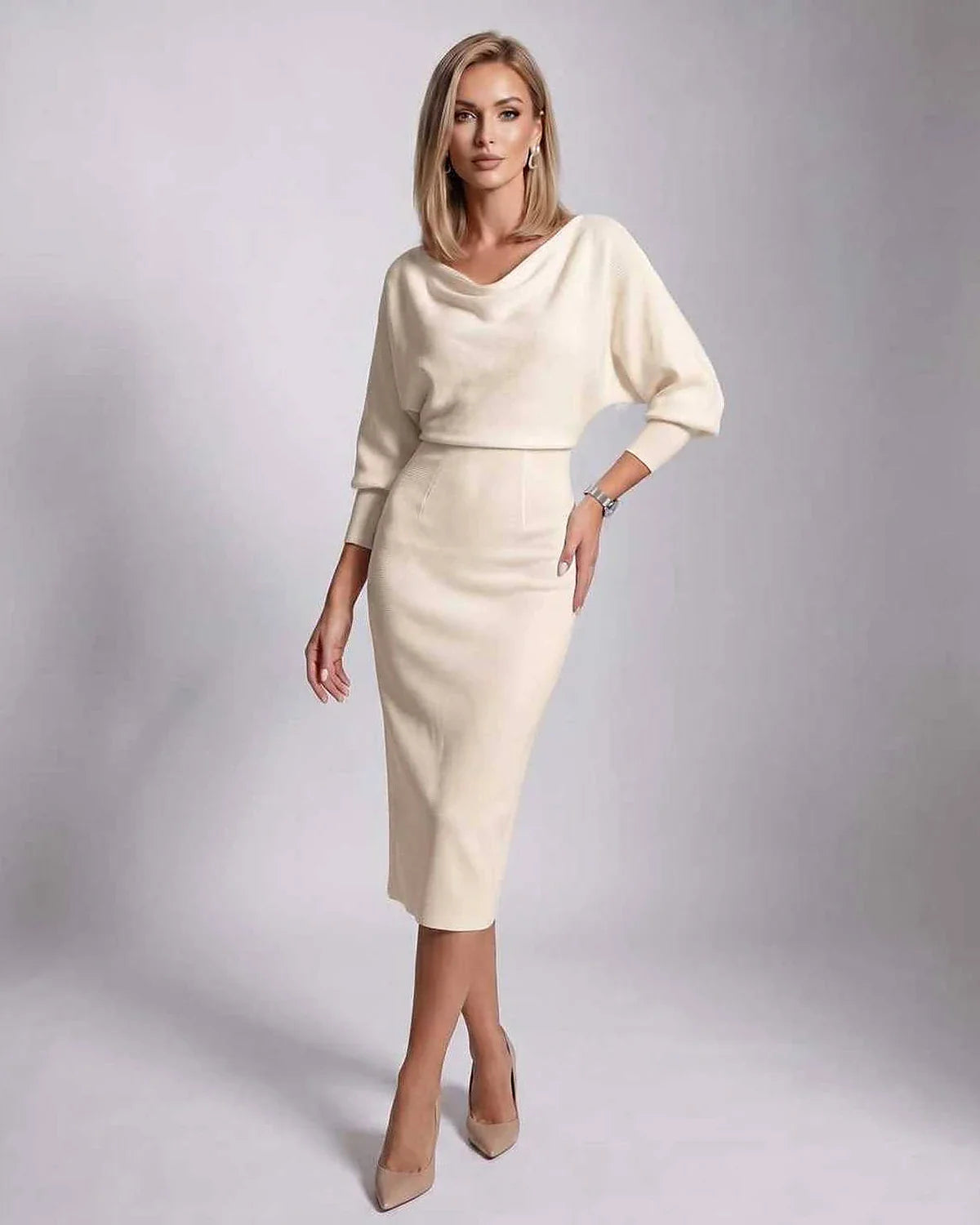 White,gray,navy,green,black,yellow,light Blue,beige Knit Bodycon Cowl Neck Long Sleeve Midi Dress | Formal Events & Cocktail 