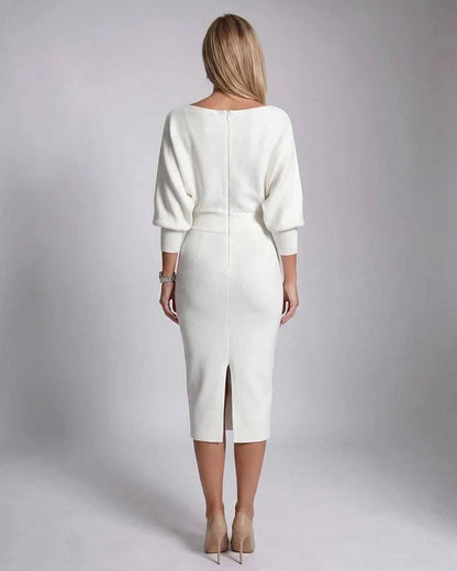 White,gray,navy,green,black,yellow,light Blue,beige Knit Bodycon Cowl Neck Long Sleeve Midi Dress | Formal Events & Cocktail | SKU: RB-827638-WHITE-L,RB-827638-WHITE-M,RB-827638-WHITE-S,RB-827638-WHITE-XL,RB-827638-WHITE-XS