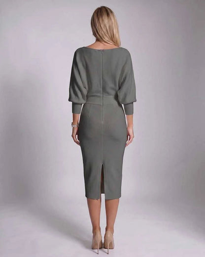 White,gray,navy,green,black,yellow,light Blue,beige Knit Bodycon Cowl Neck Long Sleeve Midi Dress | Formal Events & Cocktail | SKU: RB-827638-GRAY-L,RB-827638-GRAY-M,RB-827638-GRAY-S,RB-827638-GRAY-XL,RB-827638-GRAY-XS