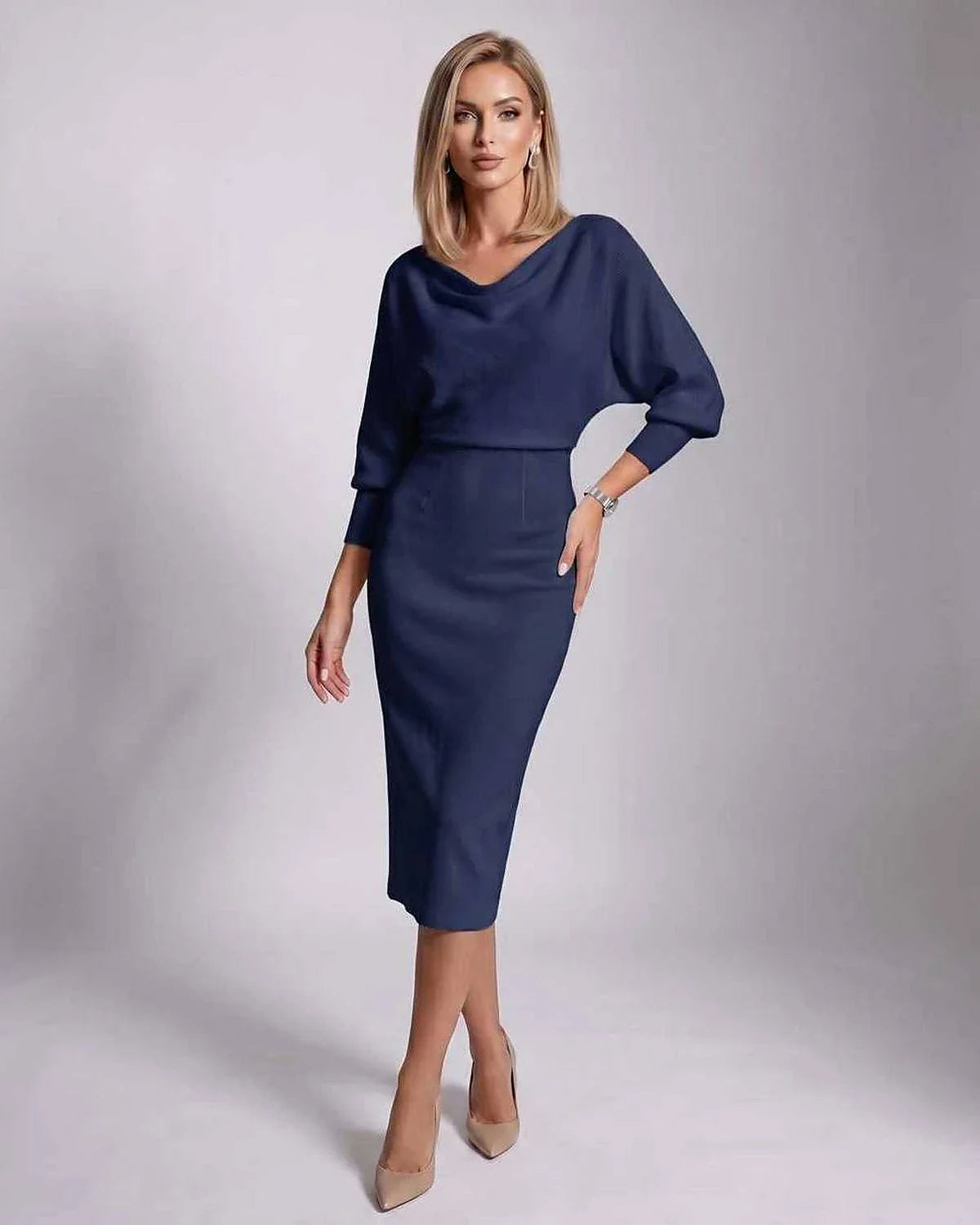 White,gray,navy,green,black,yellow,light Blue,beige Knit Bodycon Cowl Neck Long Sleeve Midi Dress | Formal Events & Cocktail 