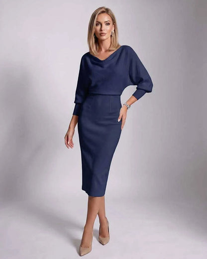 White,gray,navy,green,black,yellow,light Blue,beige Knit Bodycon Cowl Neck Long Sleeve Midi Dress | Formal Events & Cocktail 