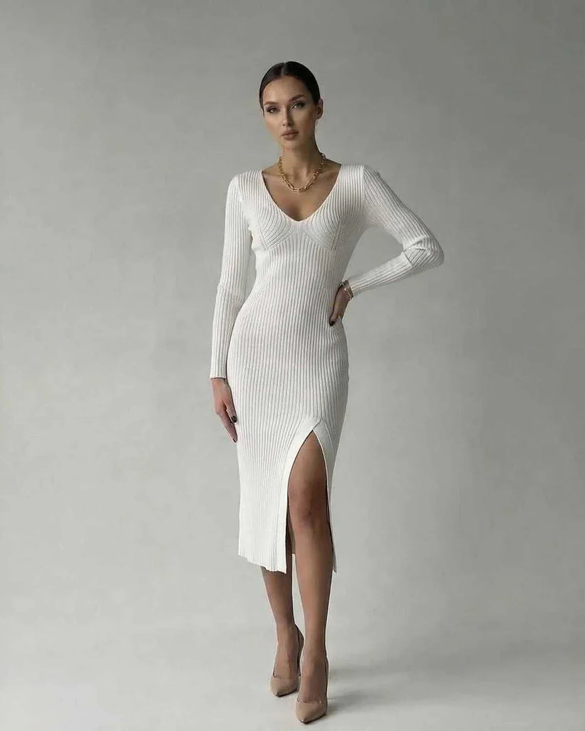 White Knit Bodycon V-Neck Long Sleeve Midi Dress | Prom & Cocktail Parties, front view | Ramblion | SKU: EMD-582047391-white-L-4194,EMD-582047391-white-M-3281,EMD-582047391-white-S-6655,EMD-582047391-white-XL-9215,EMD-582047391-white-XS-7983