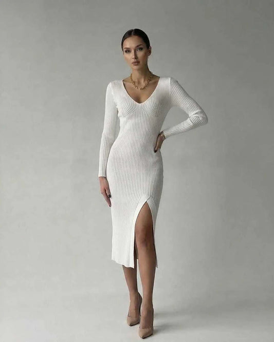 White Knit Bodycon V-Neck Long Sleeve Midi Dress | Prom & Cocktail Parties, front view | Ramblion