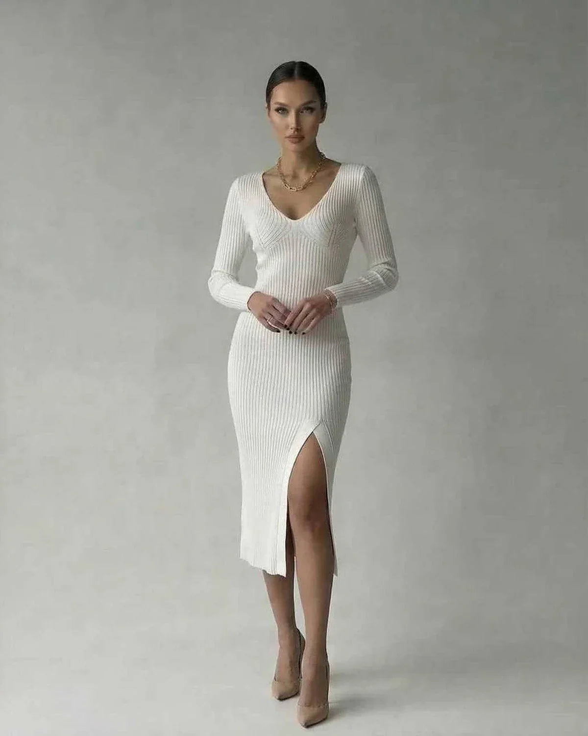 White Knit Bodycon V-Neck Long Sleeve Midi Dress | Prom & Cocktail Parties, front view | Ramblion | SKU: EMD-582047391-white-L-4194,EMD-582047391-white-M-3281,EMD-582047391-white-S-6655,EMD-582047391-white-XL-9215,EMD-582047391-white-XS-7983
