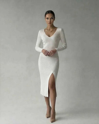 White Knit Bodycon V-Neck Long Sleeve Midi Dress | Prom & Cocktail Parties, front view | Ramblion | SKU: EMD-582047391-white-L-4194,EMD-582047391-white-M-3281,EMD-582047391-white-S-6655,EMD-582047391-white-XL-9215,EMD-582047391-white-XS-7983