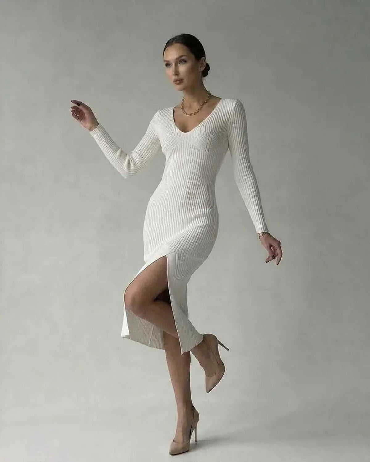 White Knit Bodycon V-Neck Long Sleeve Midi Dress | Prom & Cocktail Parties, front view | Ramblion | SKU: EMD-582047391-white-L-4194,EMD-582047391-white-M-3281,EMD-582047391-white-S-6655,EMD-582047391-white-XL-9215,EMD-582047391-white-XS-7983
