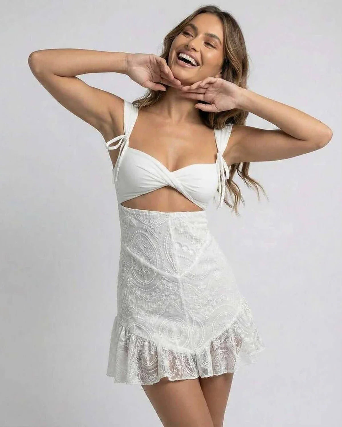 White Linen A-line V-Neck Sleeveless Mini Dress | Gala Nights & Evening Parties, front view | Ramblion | SKU: CMD-592842-white-L-4398,CMD-592842-white-M-4532,CMD-592842-white-S-5609,CMD-592842-white-XL-9272,CMD-592842-white-XS-5657