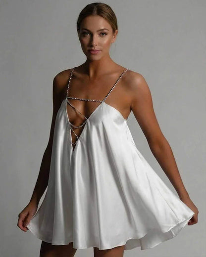 White Satin A-line V-Neck Sleeveless Mini Dress | Gala Nights, Evening Parties, Everyday Wear & Brunch, front view | Ramblion | SKU: AMD-812746392-white-L-2077,AMD-812746392-white-M-9904,AMD-812746392-white-S-4553,AMD-812746392-white-XL-7995,AMD-812746392-white-XS-8045