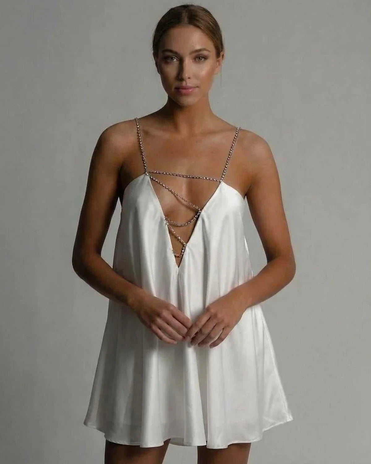 White Satin A-line V-Neck Sleeveless Mini Dress | Gala Nights, Evening Parties, Everyday Wear & Brunch, front view | Ramblion | SKU: AMD-812746392-white-L-2077,AMD-812746392-white-M-9904,AMD-812746392-white-S-4553,AMD-812746392-white-XL-7995,AMD-812746392-white-XS-8045