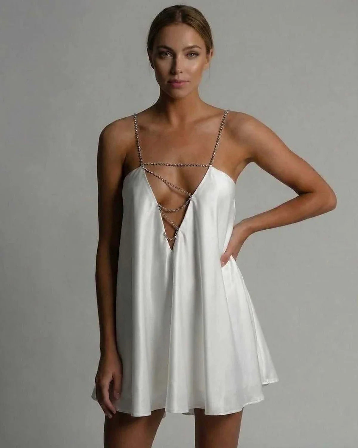 White Satin A-line V-Neck Sleeveless Mini Dress | Gala Nights, Evening Parties, Everyday Wear & Brunch, front view | Ramblion | SKU: AMD-812746392-white-L-2077,AMD-812746392-white-M-9904,AMD-812746392-white-S-4553,AMD-812746392-white-XL-7995,AMD-812746392-white-XS-8045