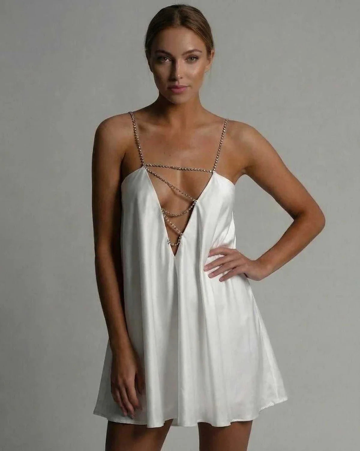White Satin A-line V-Neck Sleeveless Mini Dress | Gala Nights, Evening Parties, Everyday Wear & Brunch, front view | Ramblion | SKU: AMD-812746392-white-L-2077,AMD-812746392-white-M-9904,AMD-812746392-white-S-4553,AMD-812746392-white-XL-7995,AMD-812746392-white-XS-8045