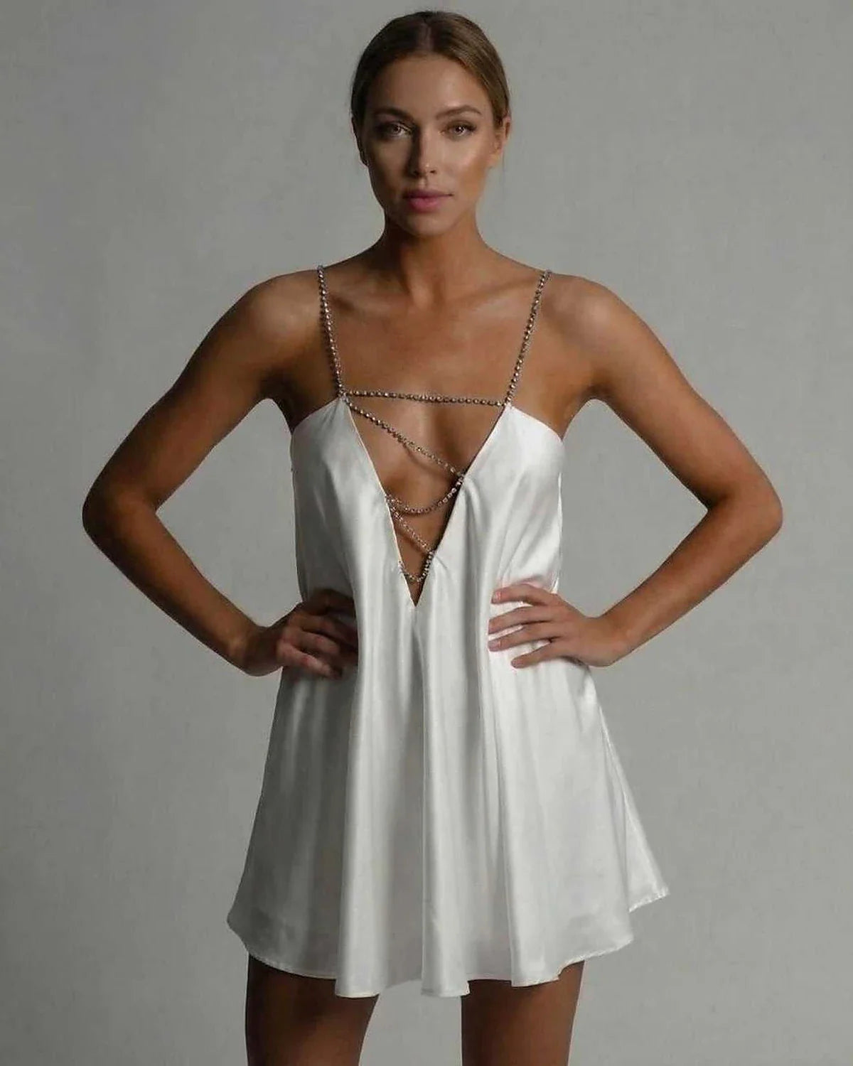 White Satin A-line V-Neck Sleeveless Mini Dress | Gala Nights, Evening Parties, Everyday Wear & Brunch, front view | Ramblion | SKU: AMD-812746392-white-L-2077,AMD-812746392-white-M-9904,AMD-812746392-white-S-4553,AMD-812746392-white-XL-7995,AMD-812746392-white-XS-8045