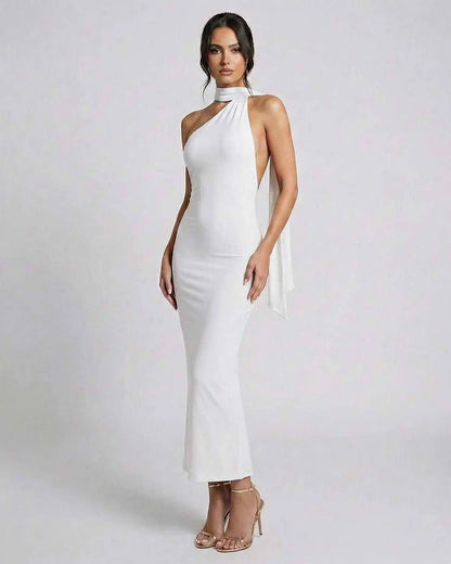 White Satin Bodycon Halter Sleeveless Maxi Dress | Formal Events & Everyday Wear, side view | Ramblion | SKU: LMD-458271903-white-L-8655,LMD-458271903-white-M-5477,LMD-458271903-white-S-1393,LMD-458271903-white-XL-3963,LMD-458271903-white-XS-6658