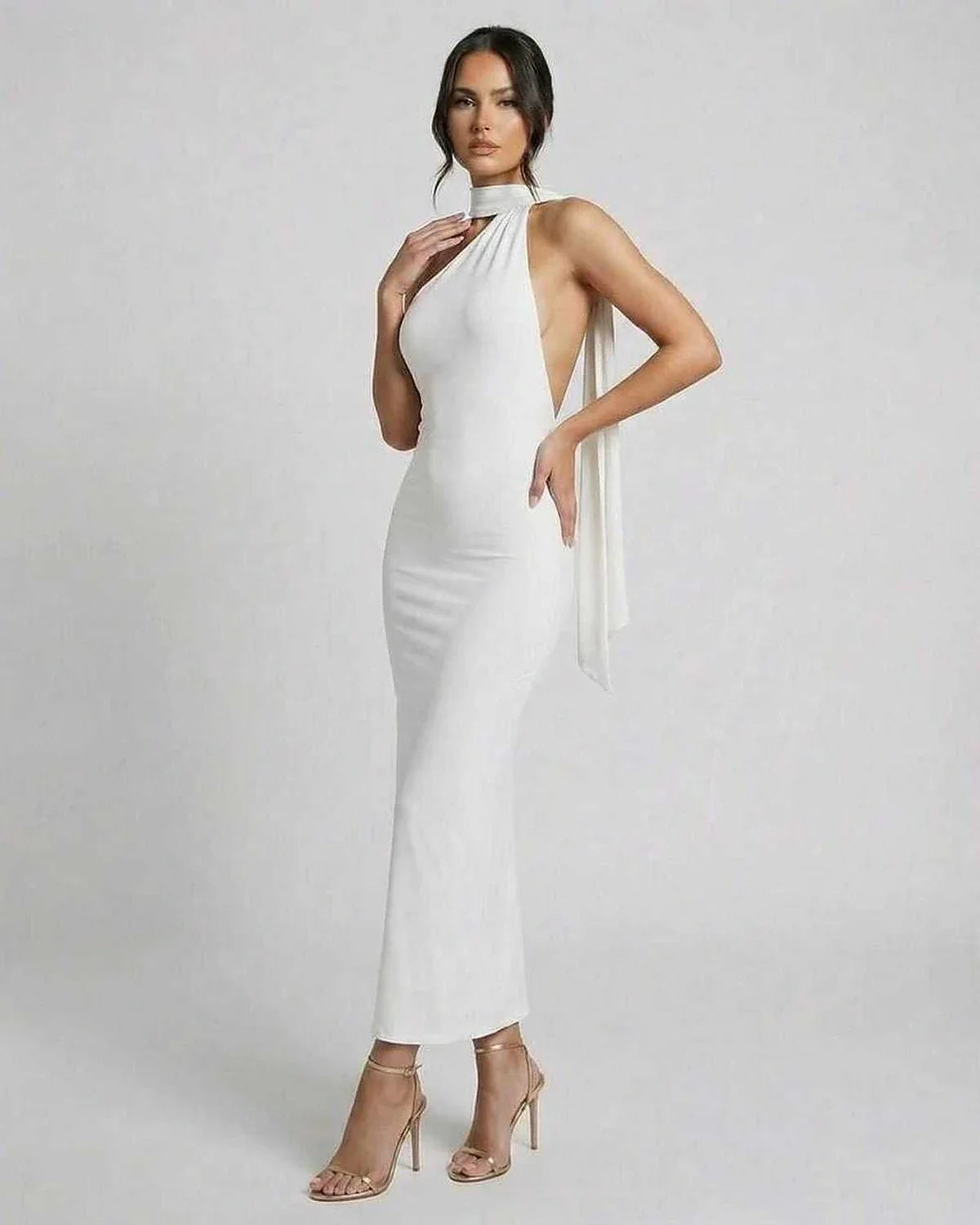 White Satin Bodycon Halter Sleeveless Maxi Dress | Formal Events & Everyday Wear, side view | Ramblion | SKU: LMD-458271903-white-L-8655,LMD-458271903-white-M-5477,LMD-458271903-white-S-1393,LMD-458271903-white-XL-3963,LMD-458271903-white-XS-6658