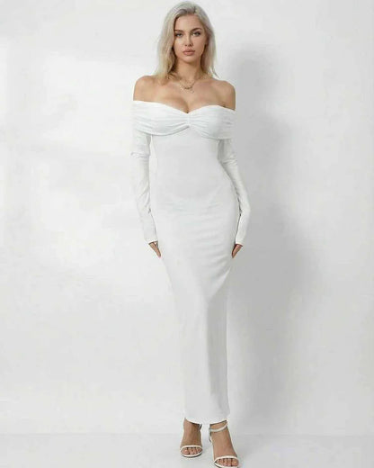 White Satin Bodycon Round Neck Long Sleeve Maxi Dress | Guest of Wedding, front view | Ramblion | SKU: CMD-482739105-white-XS-1759,CMD-482739105-white-XS-2438,CMD-482739105-white-XS-3125,CMD-482739105-white-XS-4997,CMD-482739105-white-XS-8600
