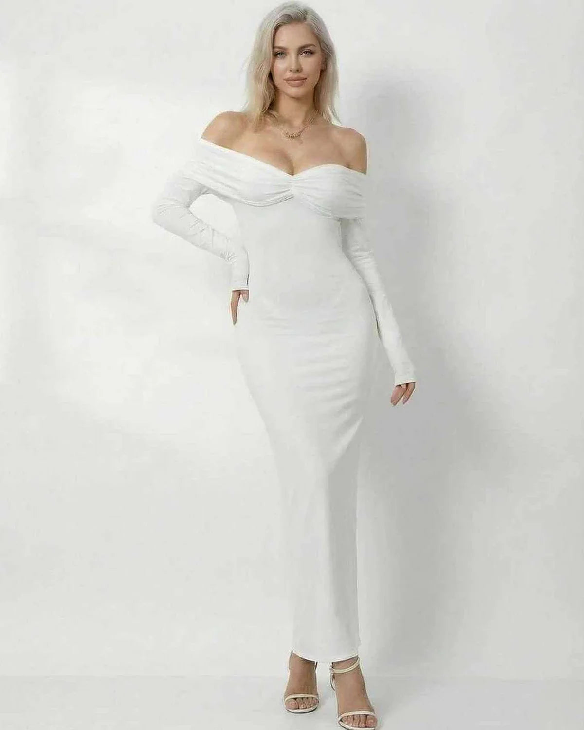 White Satin Bodycon Round Neck Long Sleeve Maxi Dress | Guest of Wedding, front view | Ramblion | SKU: CMD-482739105-white-XS-1759,CMD-482739105-white-XS-2438,CMD-482739105-white-XS-3125,CMD-482739105-white-XS-4997,CMD-482739105-white-XS-8600