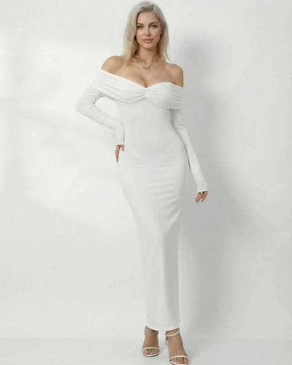 White Satin Bodycon Round Neck Long Sleeve Maxi Dress | Guest of Wedding, front view | Ramblion | SKU: CMD-482739105-white-XS-1759,CMD-482739105-white-XS-2438,CMD-482739105-white-XS-3125,CMD-482739105-white-XS-4997,CMD-482739105-white-XS-8600