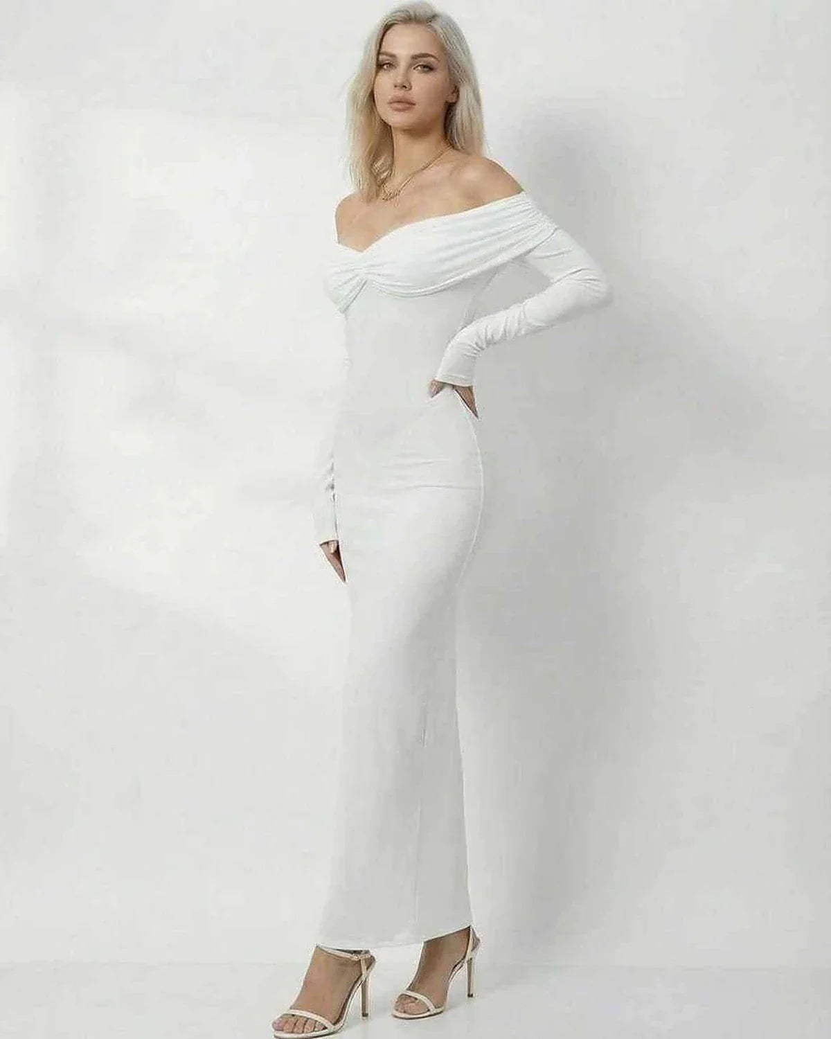 White Satin Bodycon Round Neck Long Sleeve Maxi Dress | Guest of Wedding, side view | Ramblion | SKU: CMD-482739105-white-XS-1759,CMD-482739105-white-XS-2438,CMD-482739105-white-XS-3125,CMD-482739105-white-XS-4997,CMD-482739105-white-XS-8600