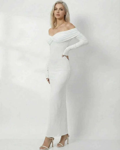 White Satin Bodycon Round Neck Long Sleeve Maxi Dress | Guest of Wedding, side view | Ramblion | SKU: CMD-482739105-white-XS-1759,CMD-482739105-white-XS-2438,CMD-482739105-white-XS-3125,CMD-482739105-white-XS-4997,CMD-482739105-white-XS-8600