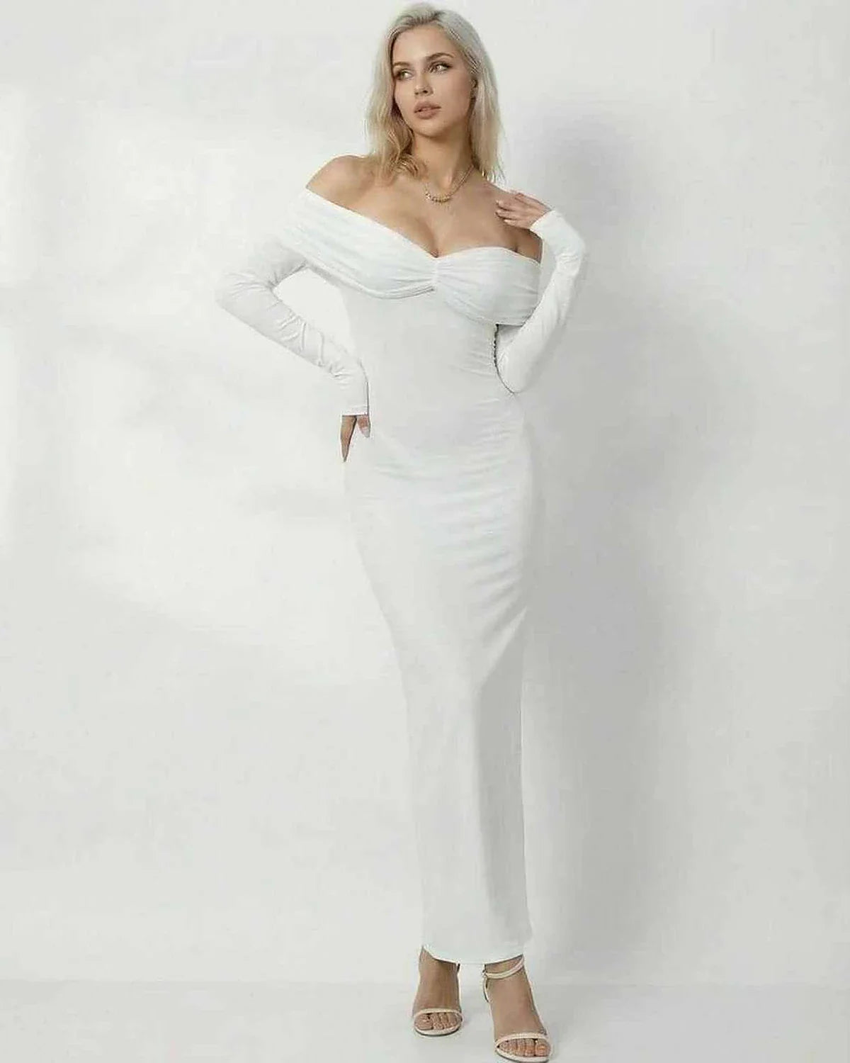 White Satin Bodycon Round Neck Long Sleeve Maxi Dress | Guest of Wedding, front view | Ramblion | SKU: CMD-482739105-white-XS-1759,CMD-482739105-white-XS-2438,CMD-482739105-white-XS-3125,CMD-482739105-white-XS-4997,CMD-482739105-white-XS-8600
