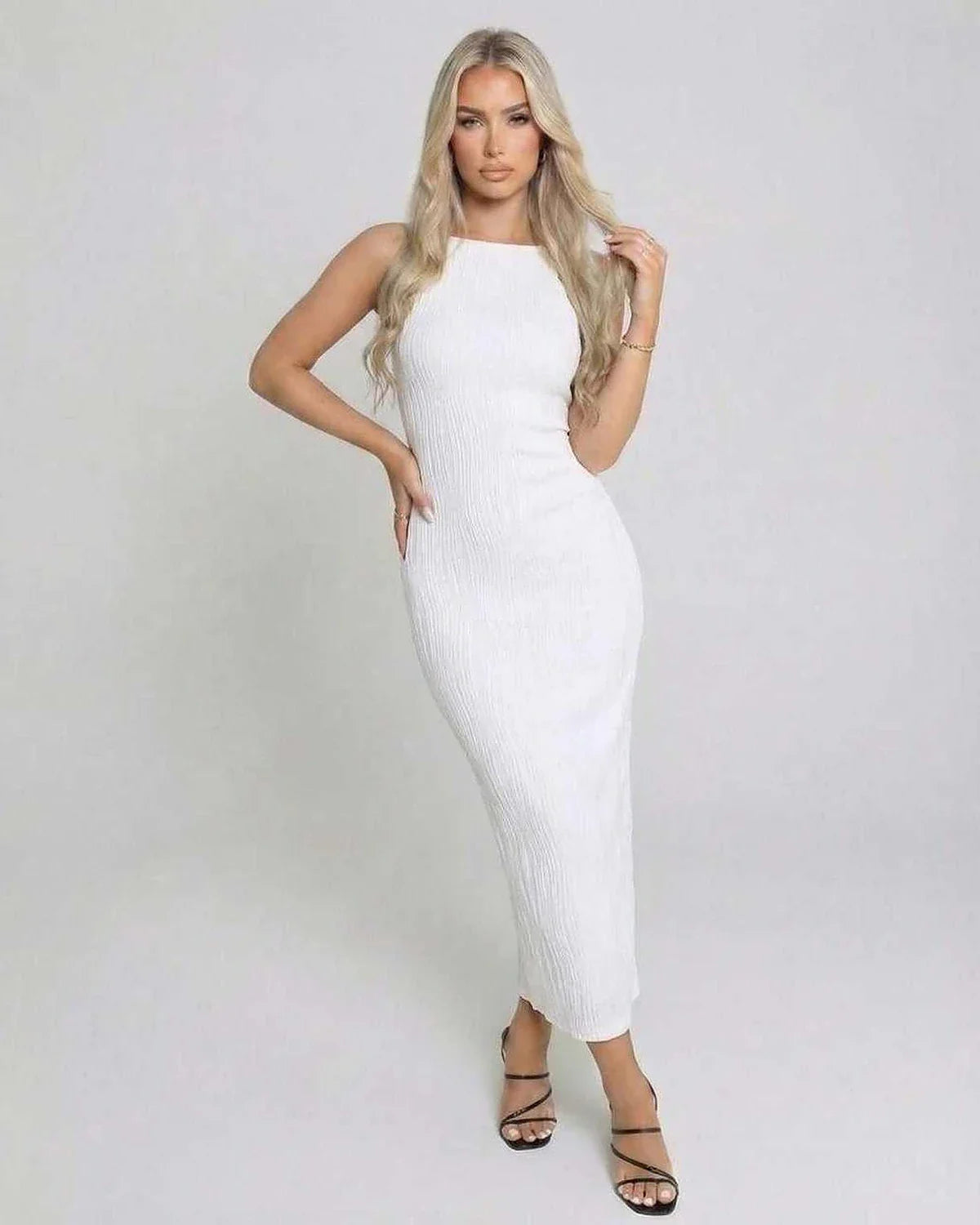 White Satin Bodycon Round Neck Sleeveless Maxi Dress | Formal Events, Cocktail Parties, Day-to-Night & Casual Wear, front vie | SKU: LMD-372849015-white-L-1027,LMD-372849015-white-M-8288,LMD-372849015-white-S-6559,LMD-372849015-white-XL-2992,LMD-372849015-white-XS-1338