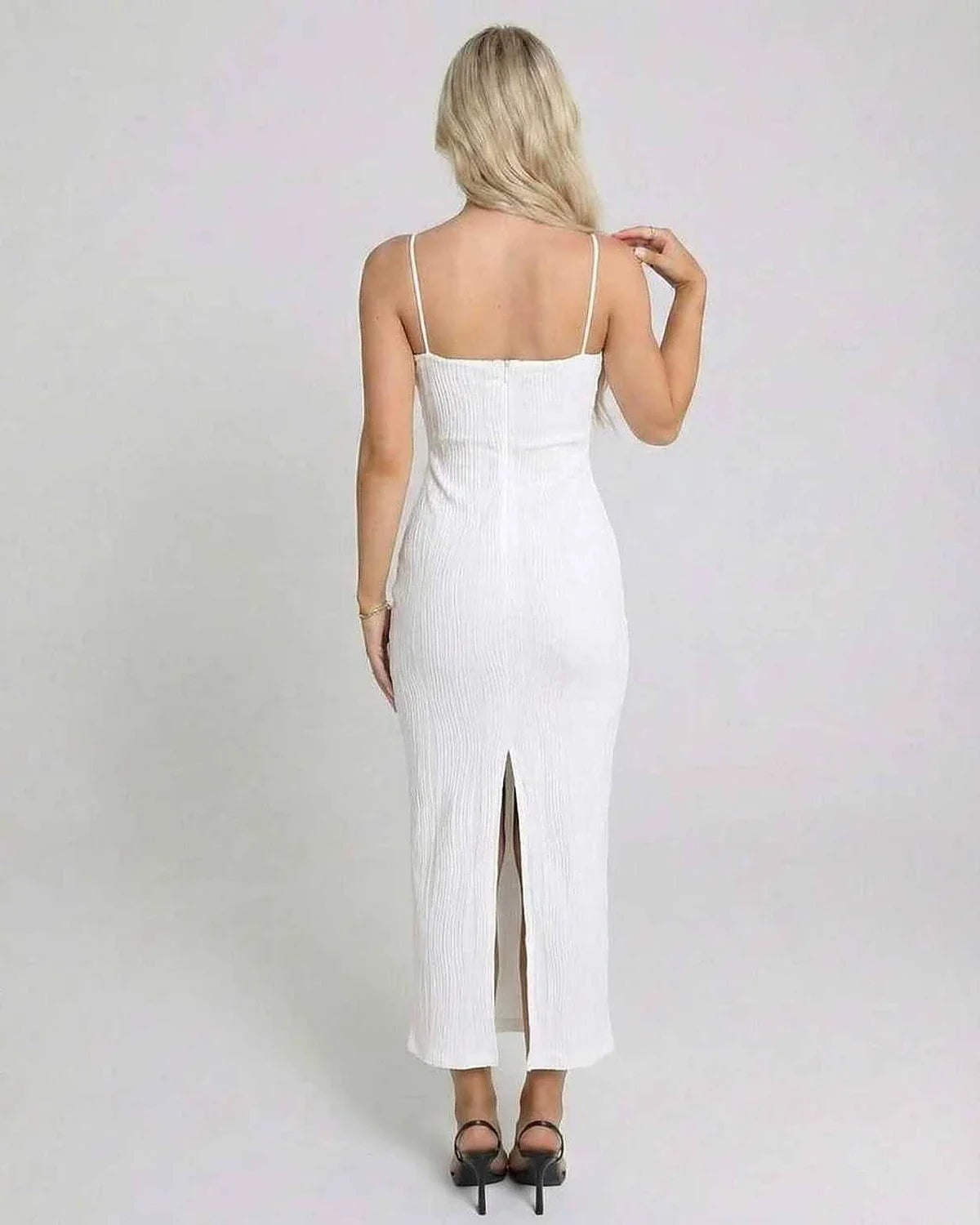 White Satin Bodycon Round Neck Sleeveless Maxi Dress | Formal Events, Cocktail Parties, Day-to-Night & Casual Wear, back view | SKU: LMD-372849015-white-L-1027,LMD-372849015-white-M-8288,LMD-372849015-white-S-6559,LMD-372849015-white-XL-2992,LMD-372849015-white-XS-1338