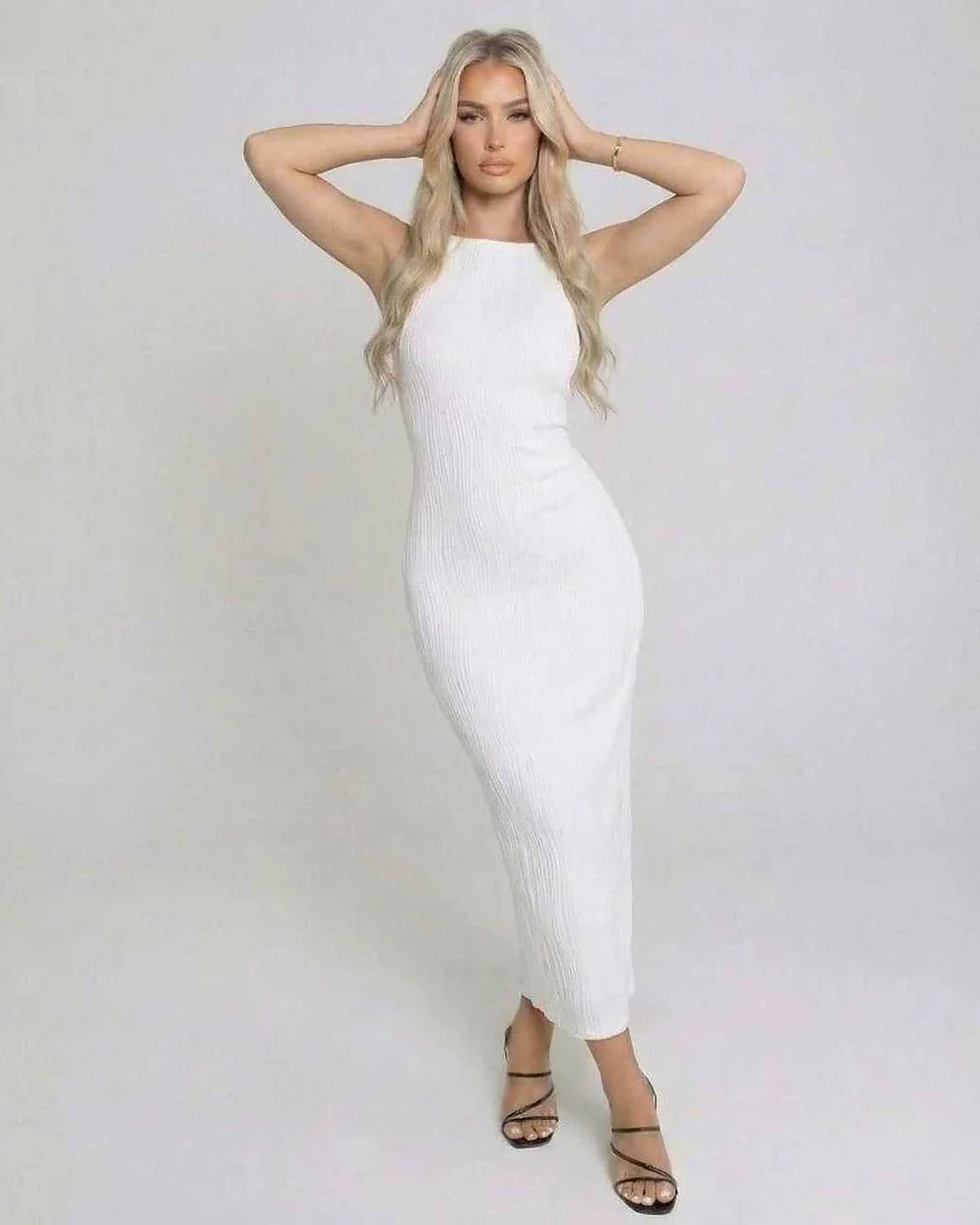 White Satin Bodycon Round Neck Sleeveless Maxi Dress | Formal Events, Cocktail Parties, Day-to-Night & Casual Wear, front vie | SKU: LMD-372849015-white-L-1027,LMD-372849015-white-M-8288,LMD-372849015-white-S-6559,LMD-372849015-white-XL-2992,LMD-372849015-white-XS-1338